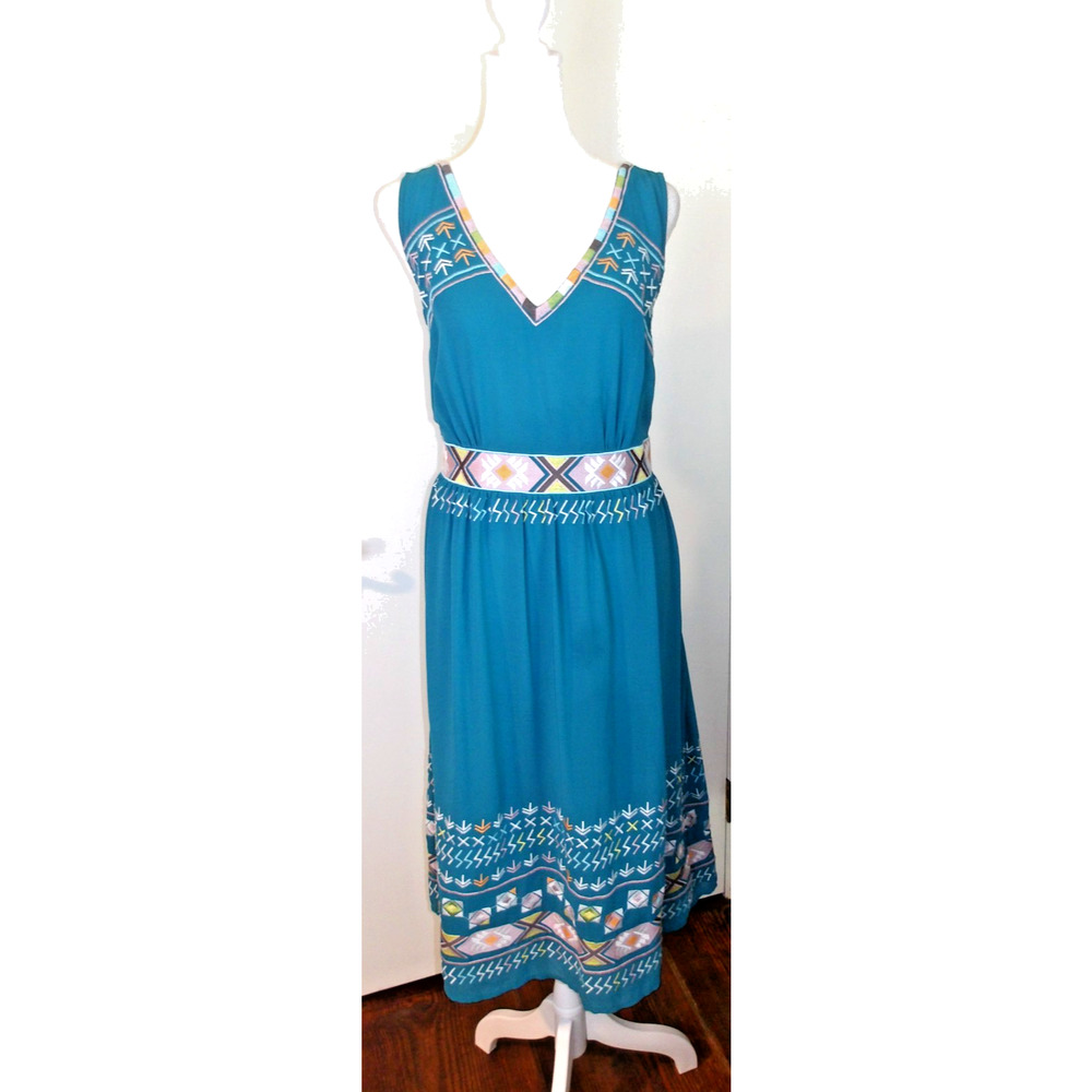 Sundance Teal Midi Dress with Geometric Trim